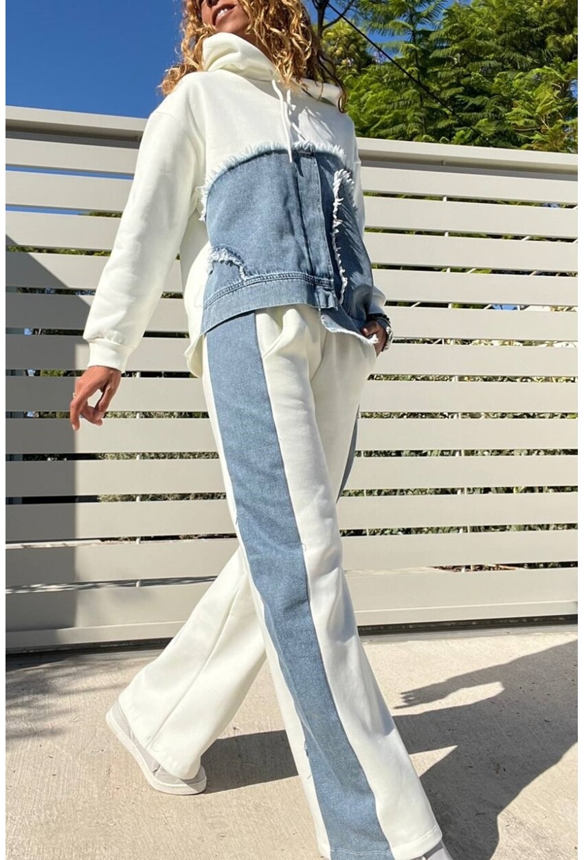 Kadın Ekru İçi Şardonlu Kapüşpnlu Üç İplik Denim Detaylı Eşofman Takımı BND-S71