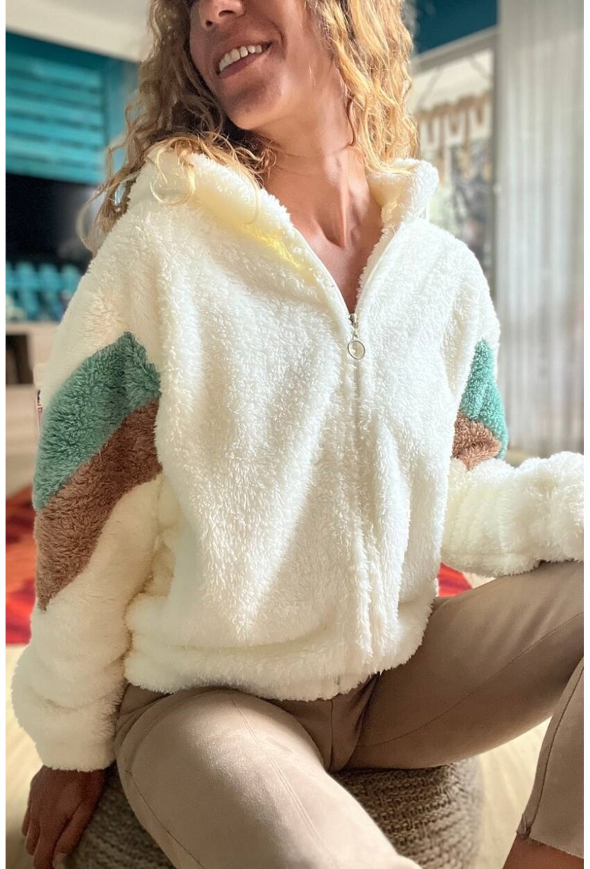 Kadın Ekru Kapüşonlu Color Block Peluş Salaş Sweatshirt 1St25