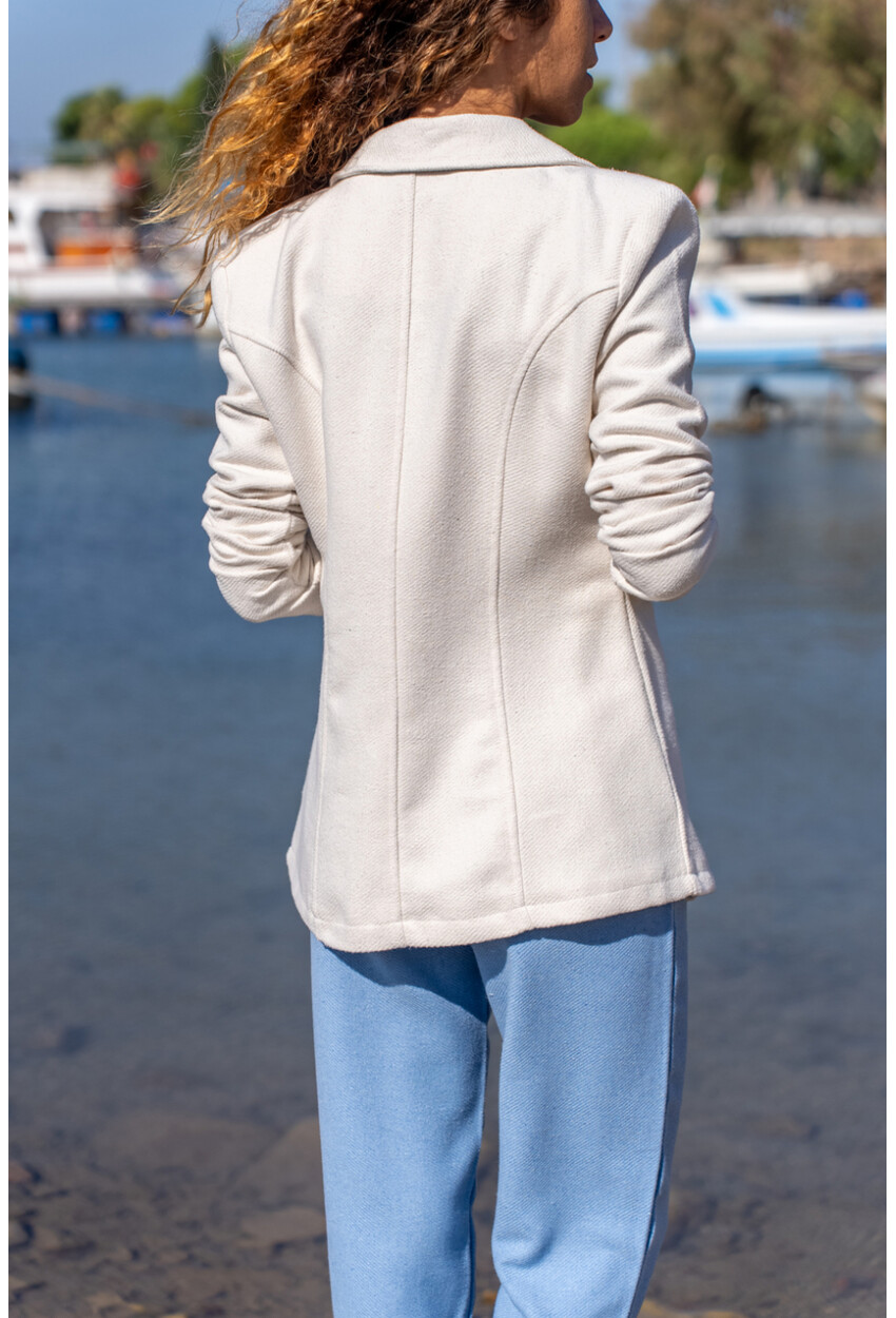 Kadın Ekru Kendinden Desenli Kaşe İçi Astarlı Tek Düğme Blazer Ceket Bst3449