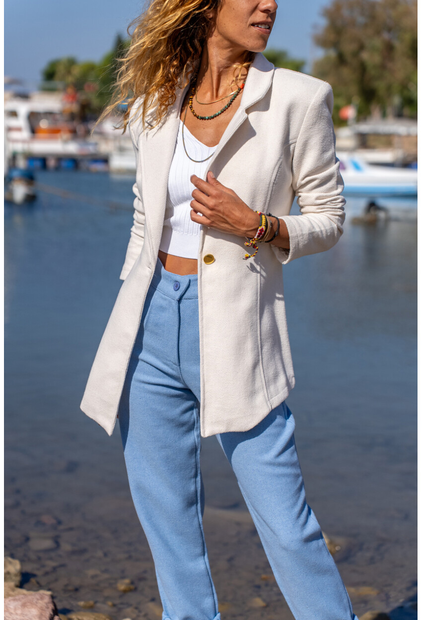 Kadın Ekru Kendinden Desenli Kaşe İçi Astarlı Tek Düğme Blazer Ceket Bst3449