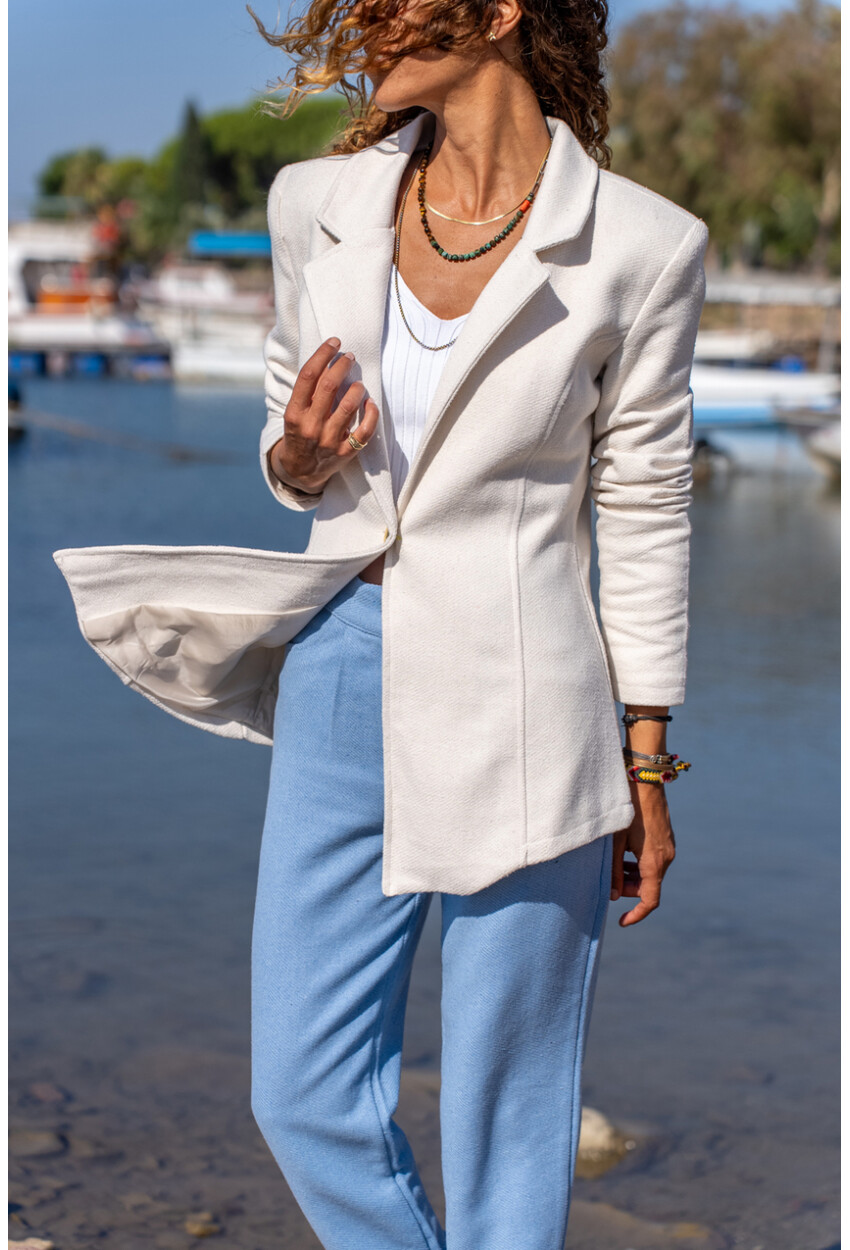 Kadın Ekru Kendinden Desenli Kaşe İçi Astarlı Tek Düğme Blazer Ceket Bst3449