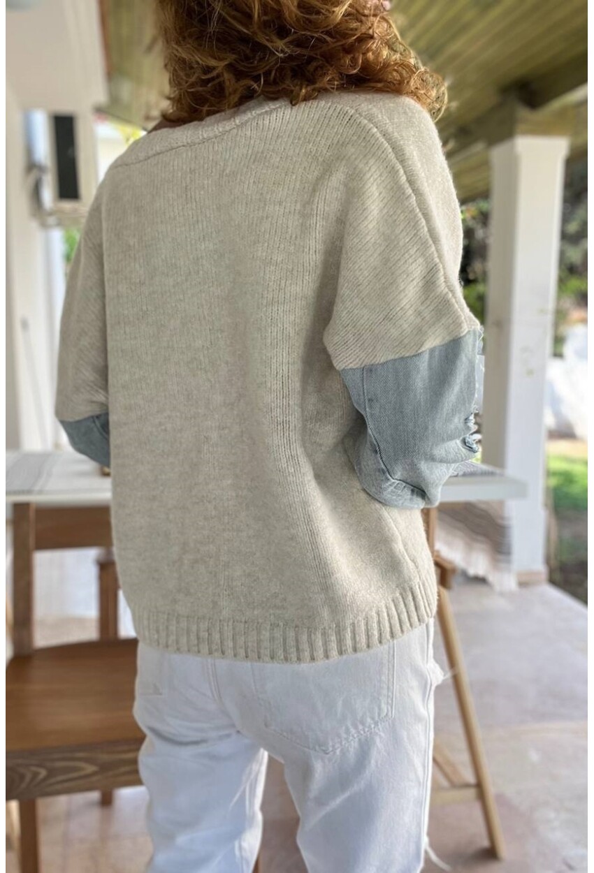 Kadın Ekru Kolu Denim Yumuşak Dokulu Düğmeli Salaş Hırka BND1007