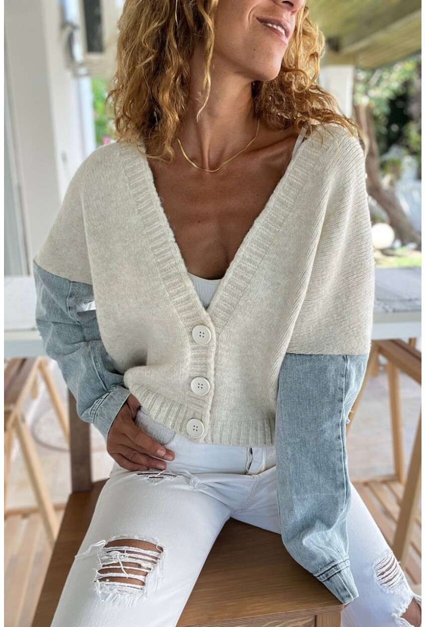 Kadın Ekru Kolu Denim Yumuşak Dokulu Düğmeli Salaş Hırka BND1007