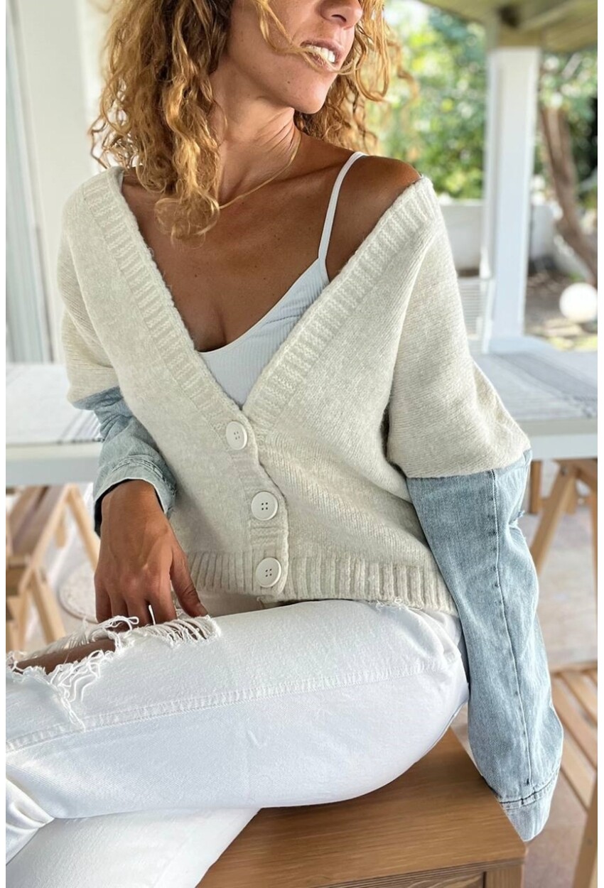 Kadın Ekru Kolu Denim Yumuşak Dokulu Düğmeli Salaş Hırka BND1007