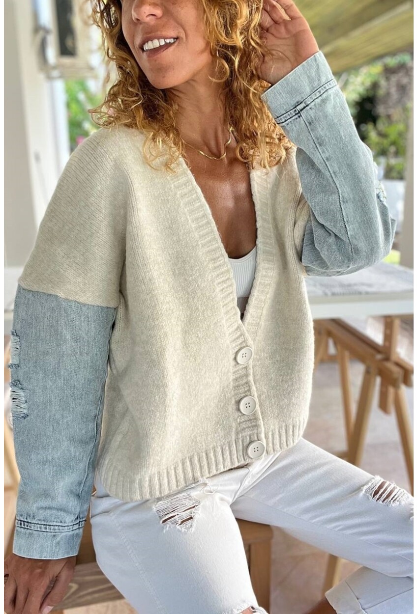 Kadın Ekru Kolu Denim Yumuşak Dokulu Düğmeli Salaş Hırka BND1007