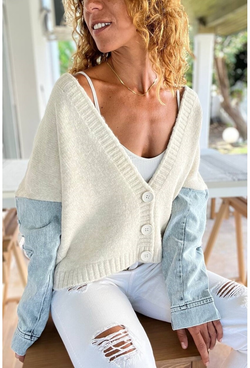 Kadın Ekru Kolu Denim Yumuşak Dokulu Düğmeli Salaş Hırka BND1007