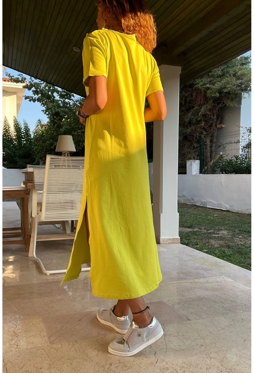 Fıstık Yeşili Omzu Düğmeli Yırtmaçlı Uzun Elbise BST700-3618