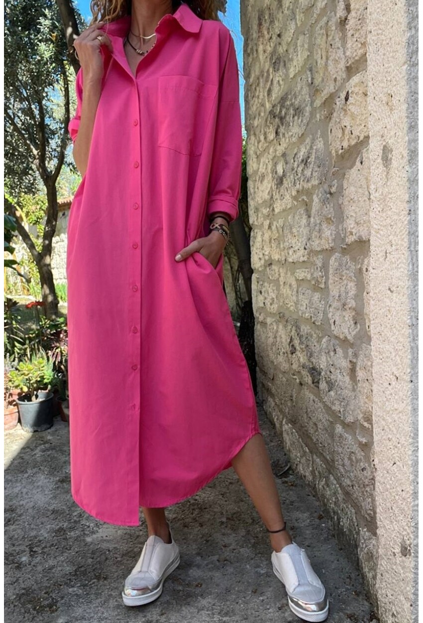 Fuşya Poplin Uzun Cepli Gömlek Elbise BST700-3555 115 55