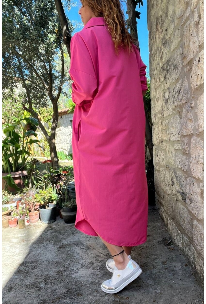 Fuşya Poplin Uzun Cepli Gömlek Elbise BST700-3555 115 55