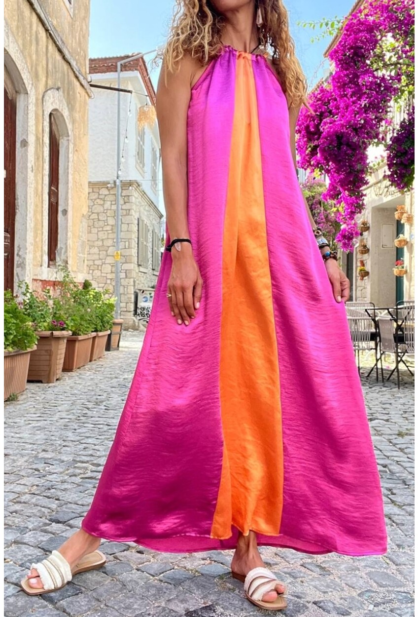 Kadın Fuşya Turuncu Beyaz Halter Color Block Saten Uzun Salaş Elbise BST3646