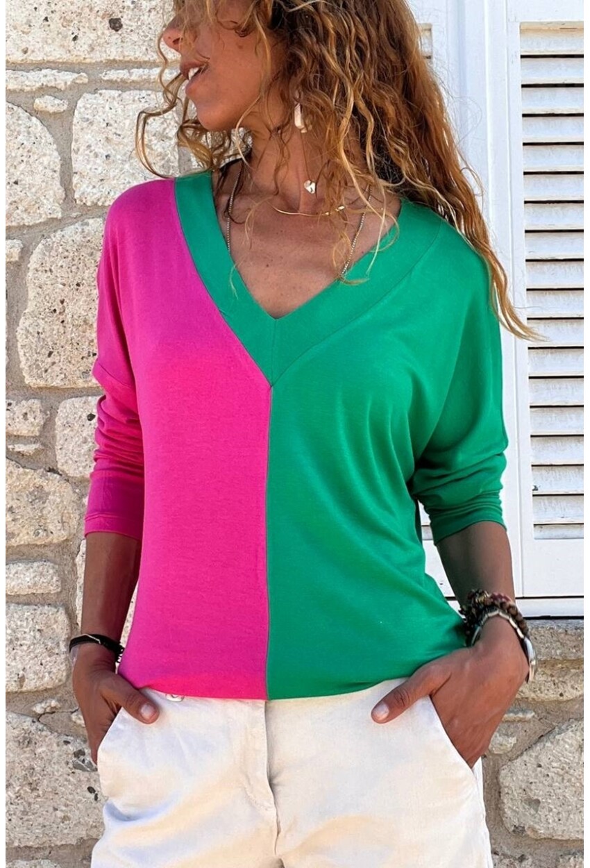 Kadın Fuşya V Yaka Color Block Bluz BST700-3587