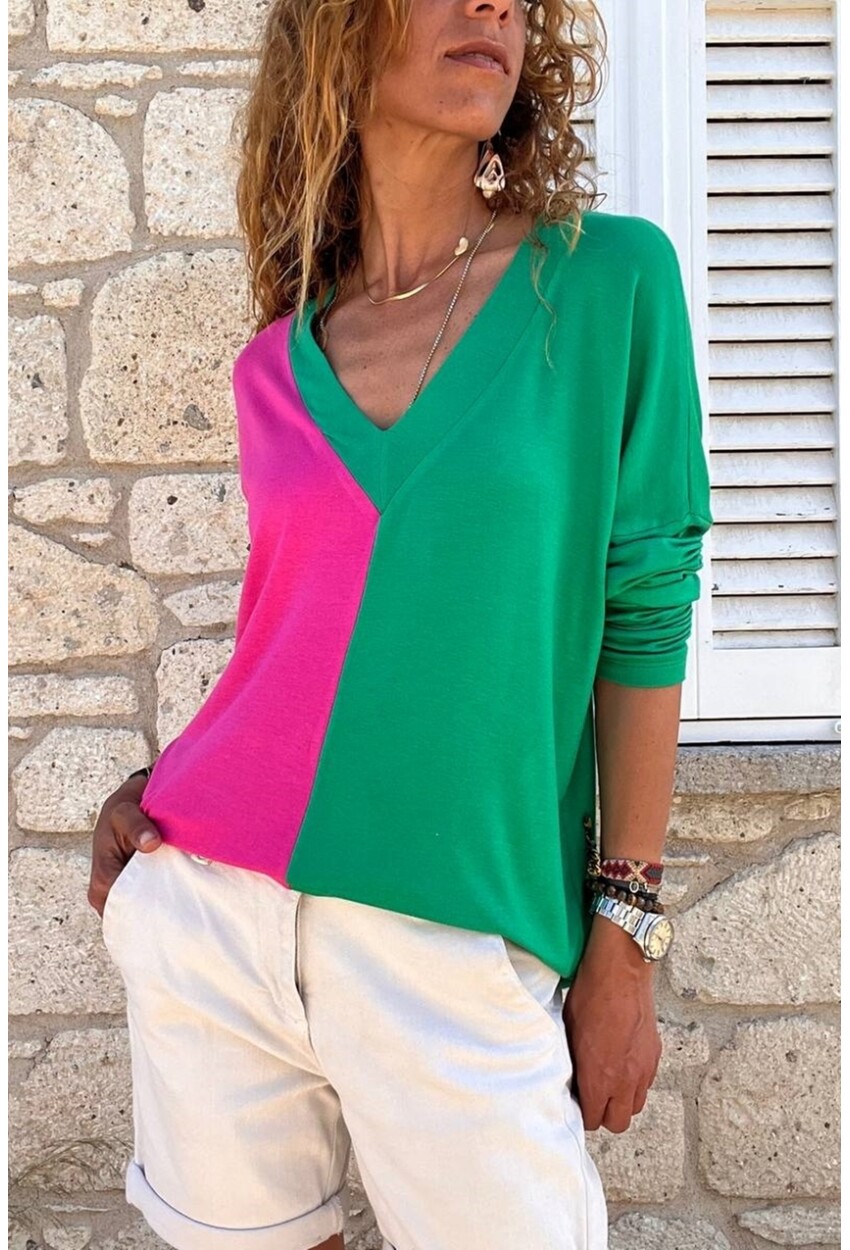 Kadın Fuşya V Yaka Color Block Bluz BST700-3587