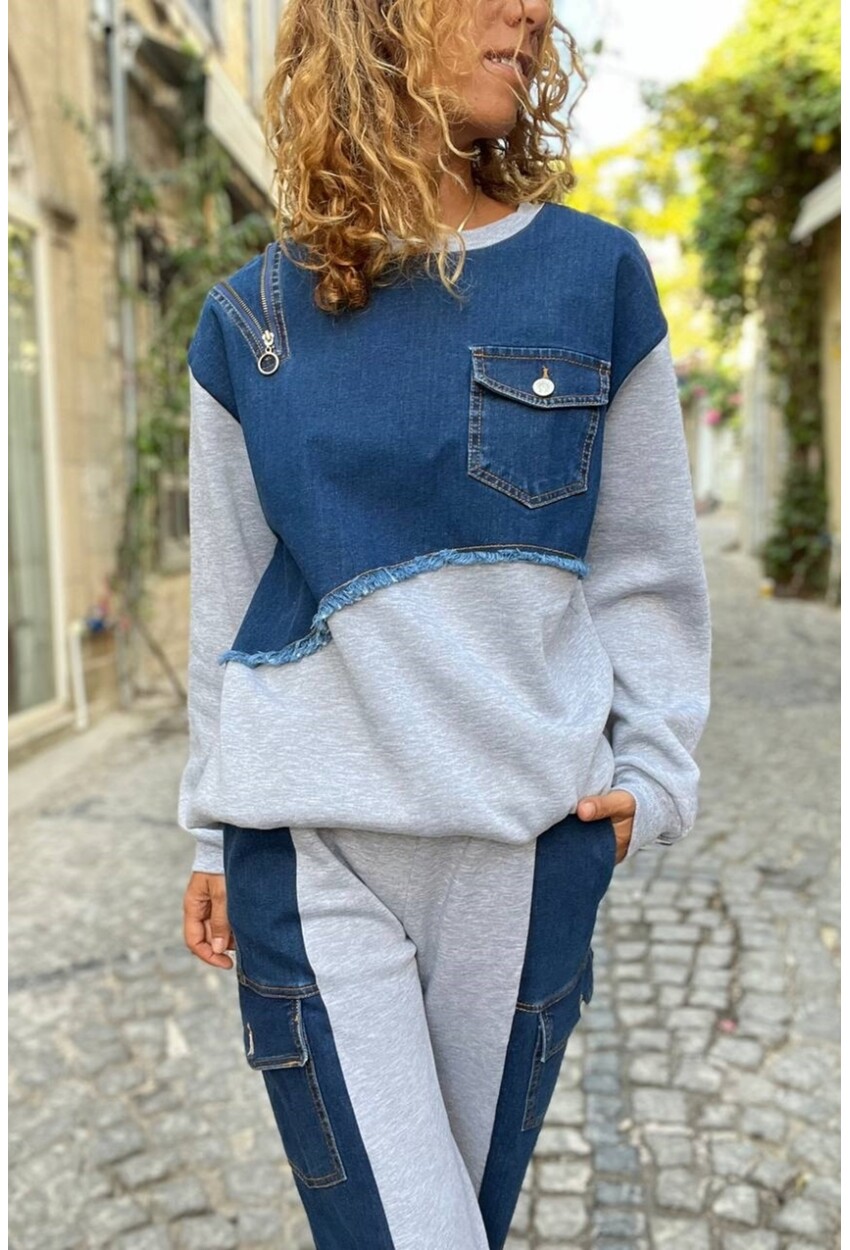 Kadın Gri Asimetrik Denim Detaylı Üç İplik Salaş Sweatshirt BND-S70