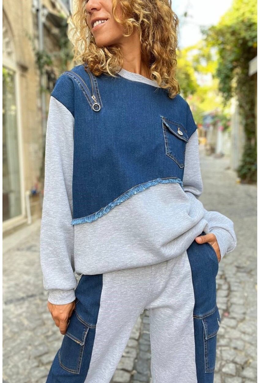 Kadın Gri Asimetrik Denim Detaylı Üç İplik Salaş Sweatshirt BND-S70