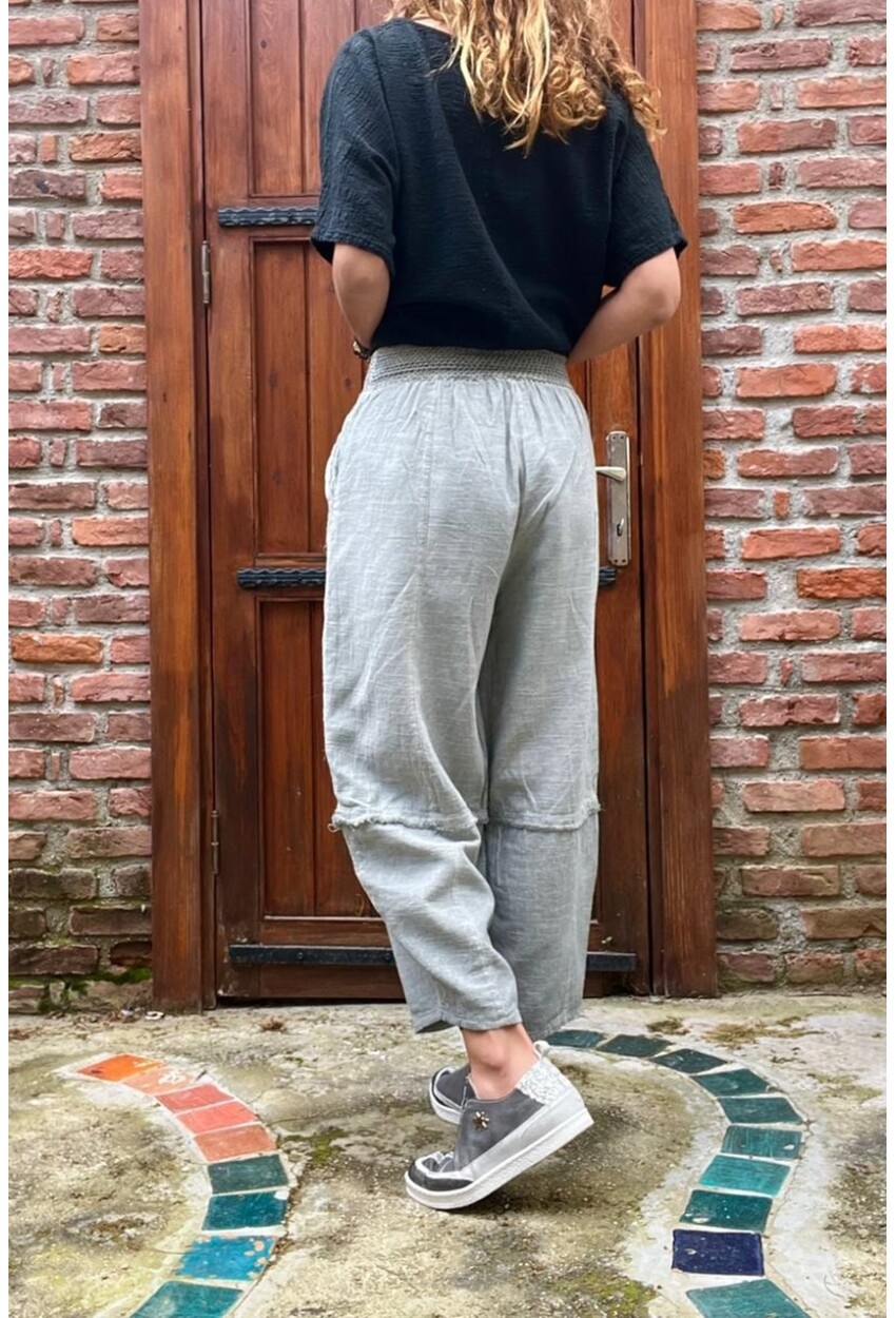 Gri Beli Lastikli Keten Görünümlü Yıkamalı Cepli Salaş Şalvar Pantolon RSD1230 90 33