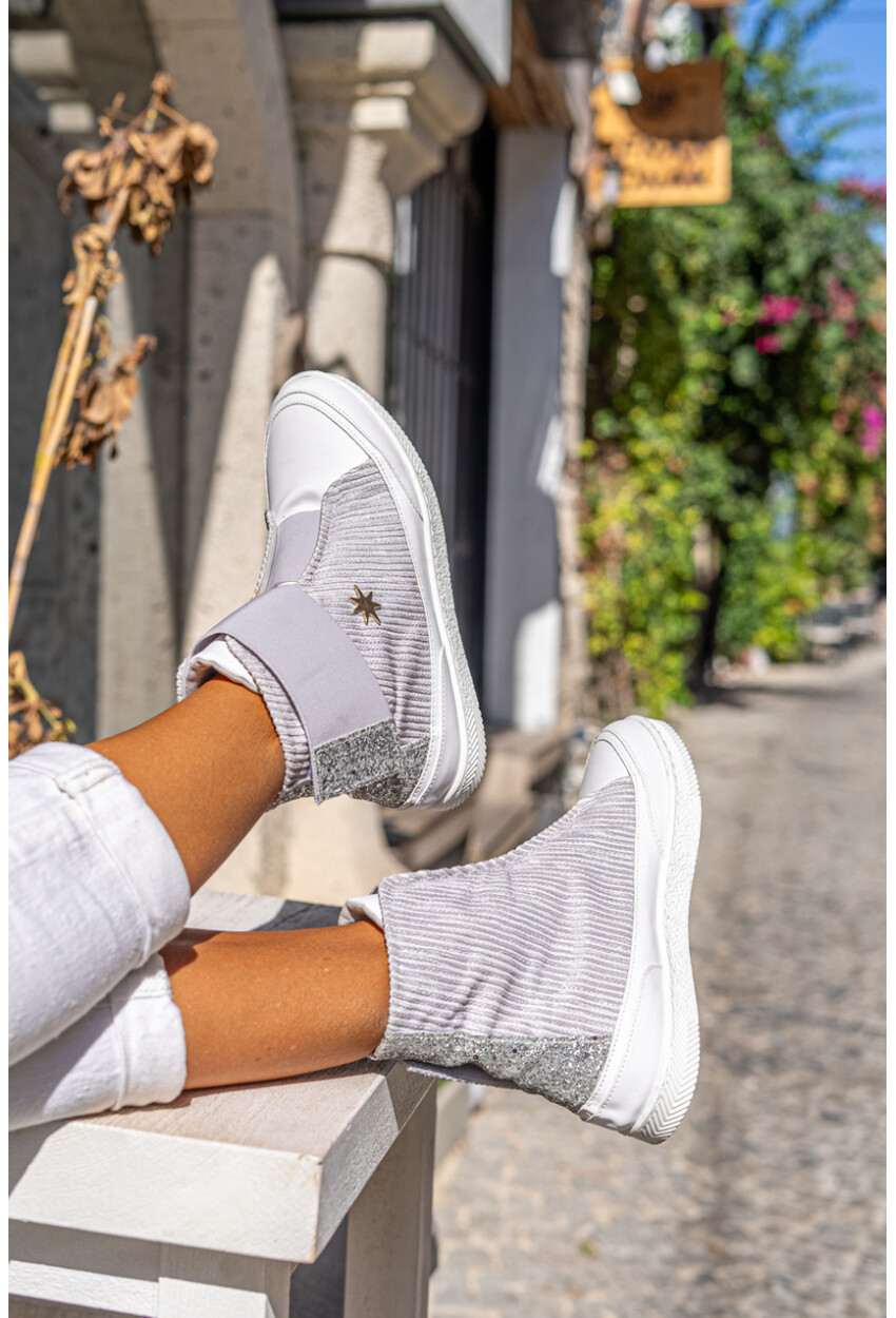 Guki35 Kadın Gri-Beyaz Günlük Rahat Vegan Hug High Top Sneaker Gk-Puppis045