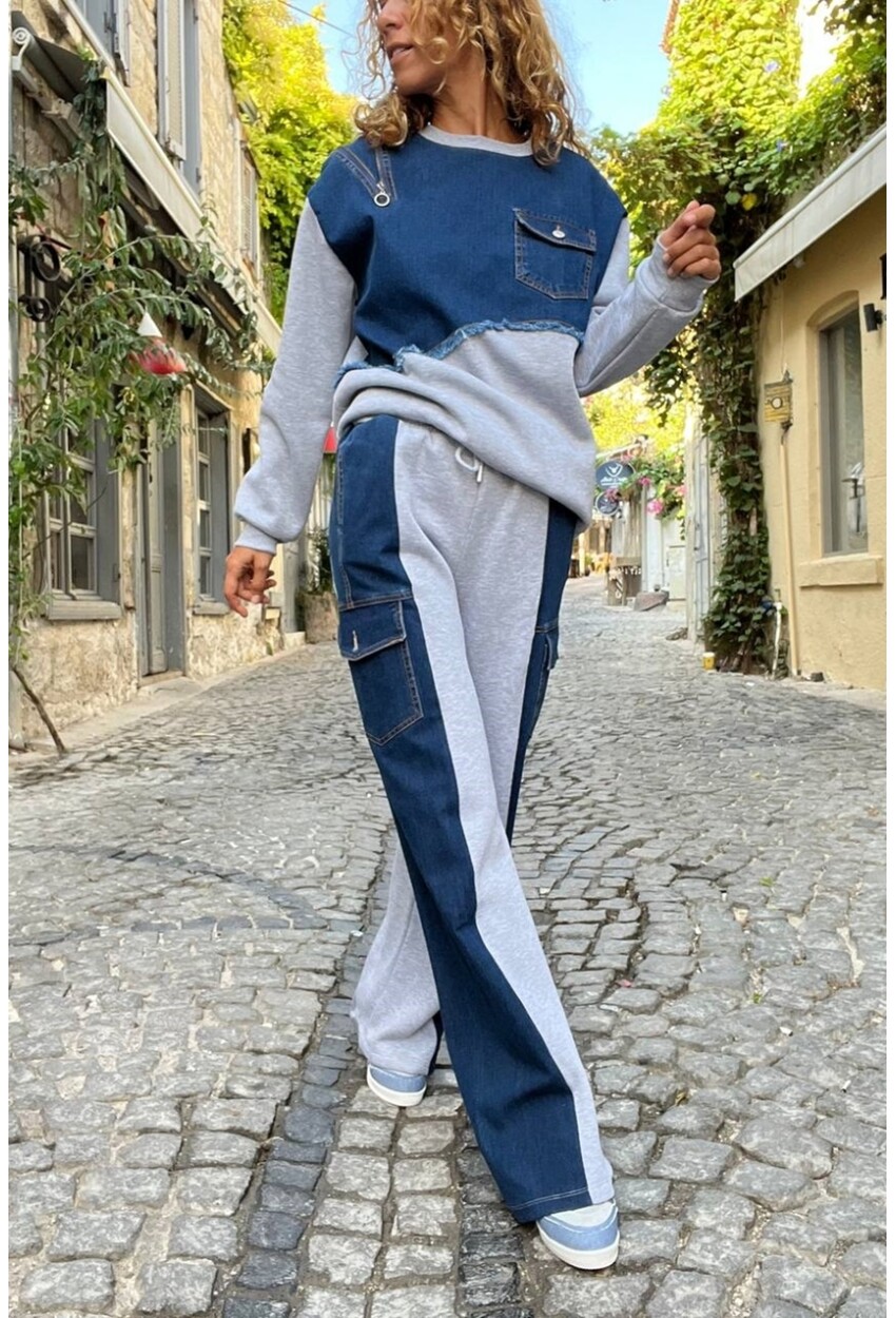 Kadın Gri Denim Detaylı Cepli Üç İplik Salaş Eşofman Altı BND-S63