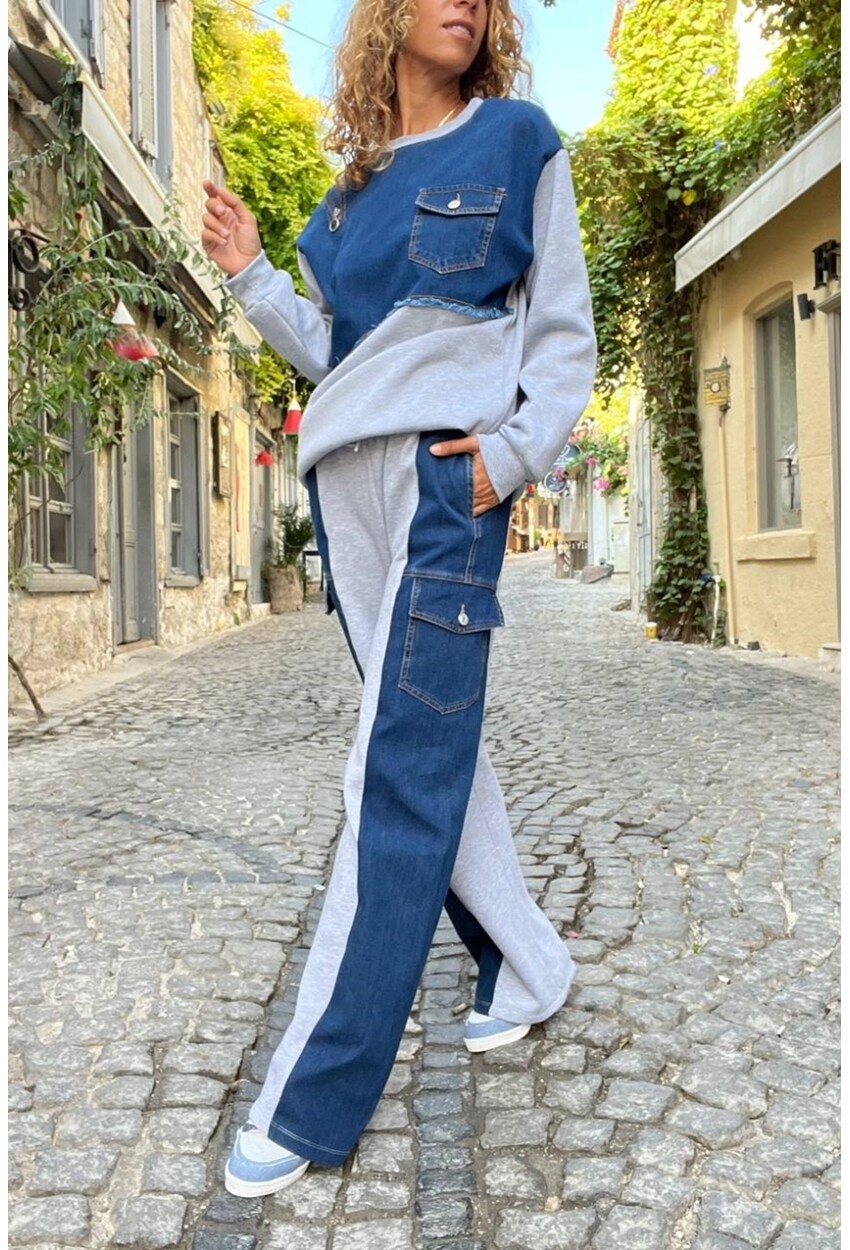 Kadın Gri Denim Detaylı Cepli Üç İplik Salaş Eşofman Altı BND-S63