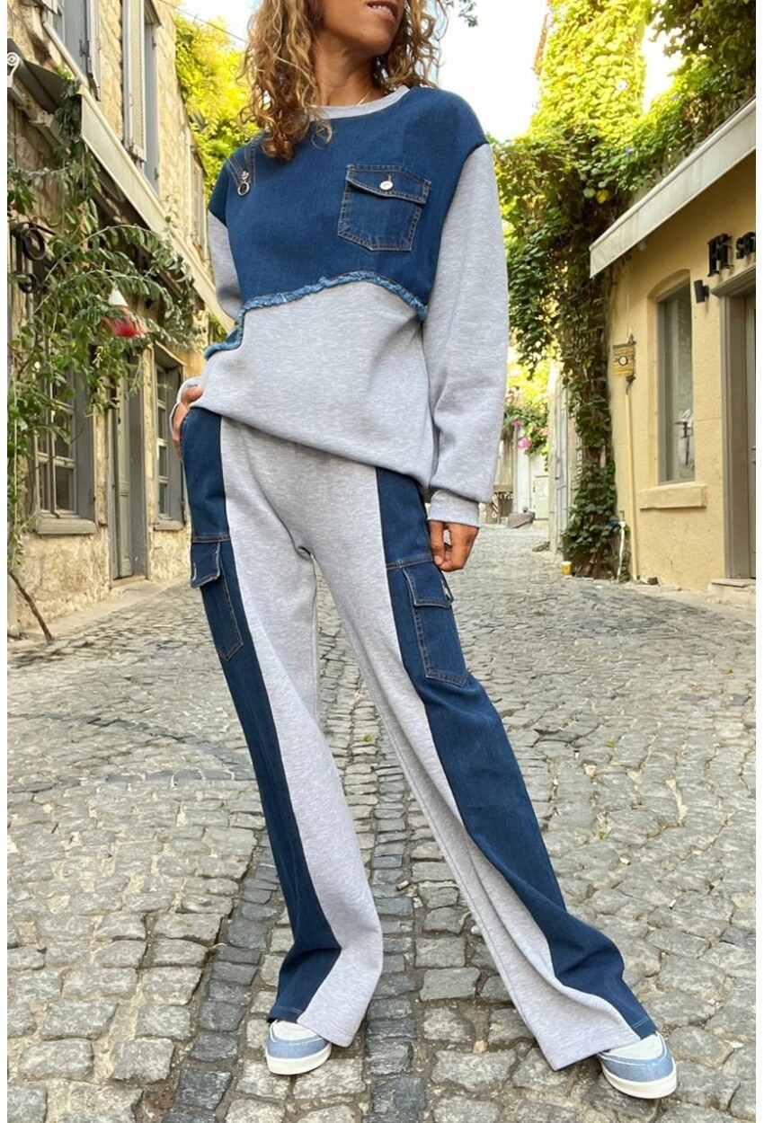 Kadın Gri Denim Detaylı Cepli Üç İplik Salaş Eşofman Altı BND-S63
