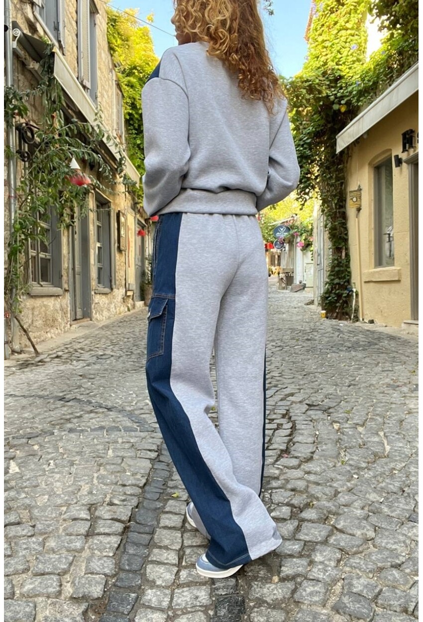 Kadın Gri Denim Detaylı Cepli Üç İplik Salaş Eşofman Altı BND-S63