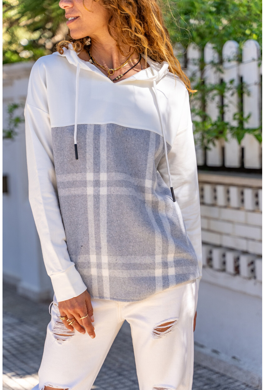 Kadın Gri Kapüşonlu Desenli Garnili Salaş Sweatshirt BST700-3565