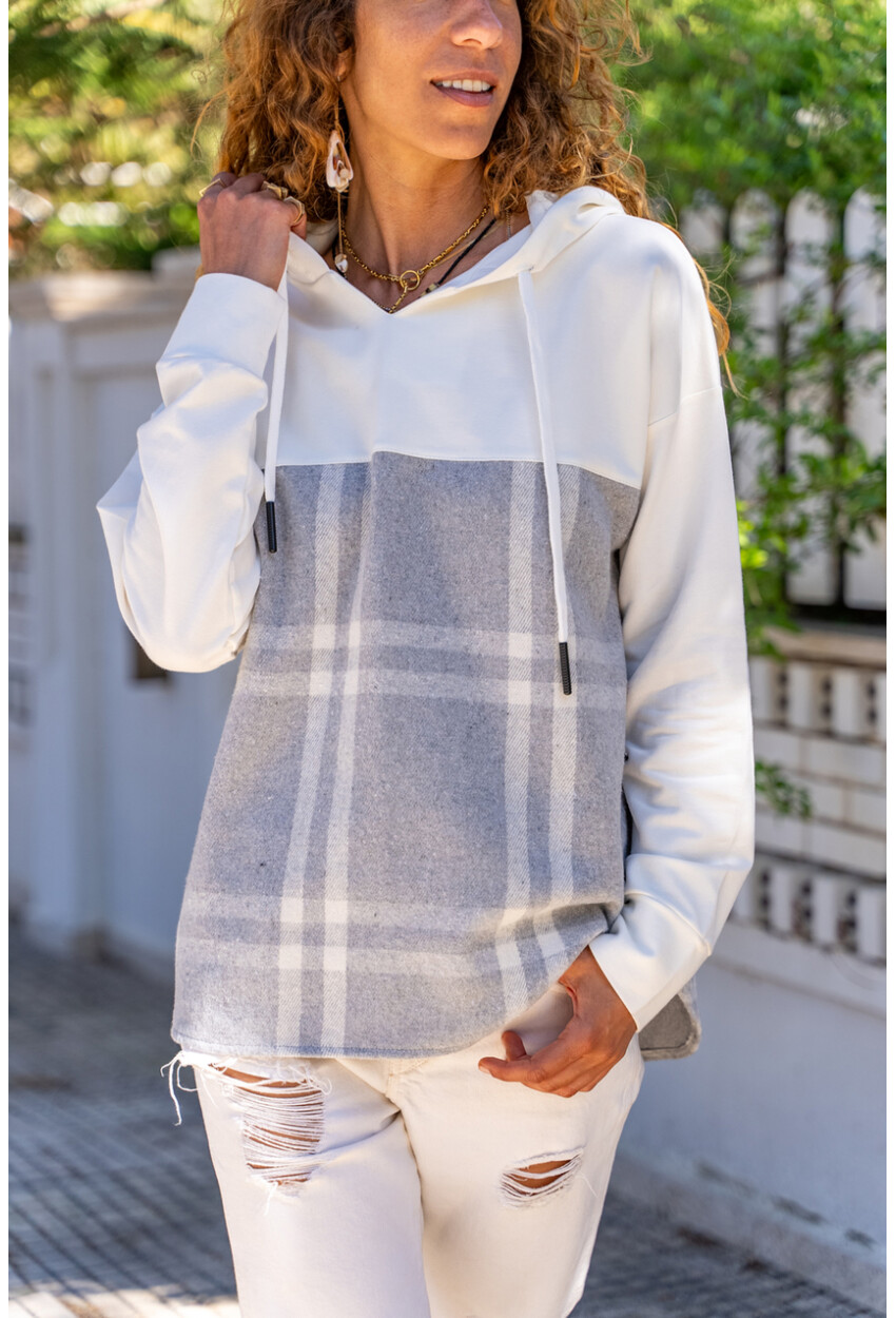 Kadın Gri Kapüşonlu Desenli Garnili Salaş Sweatshirt BST700-3565