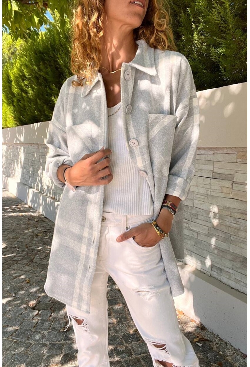 Kadın Gri Oversize Yumuşak Dokulu Kaşe Cepli Gömlek BST700-3539