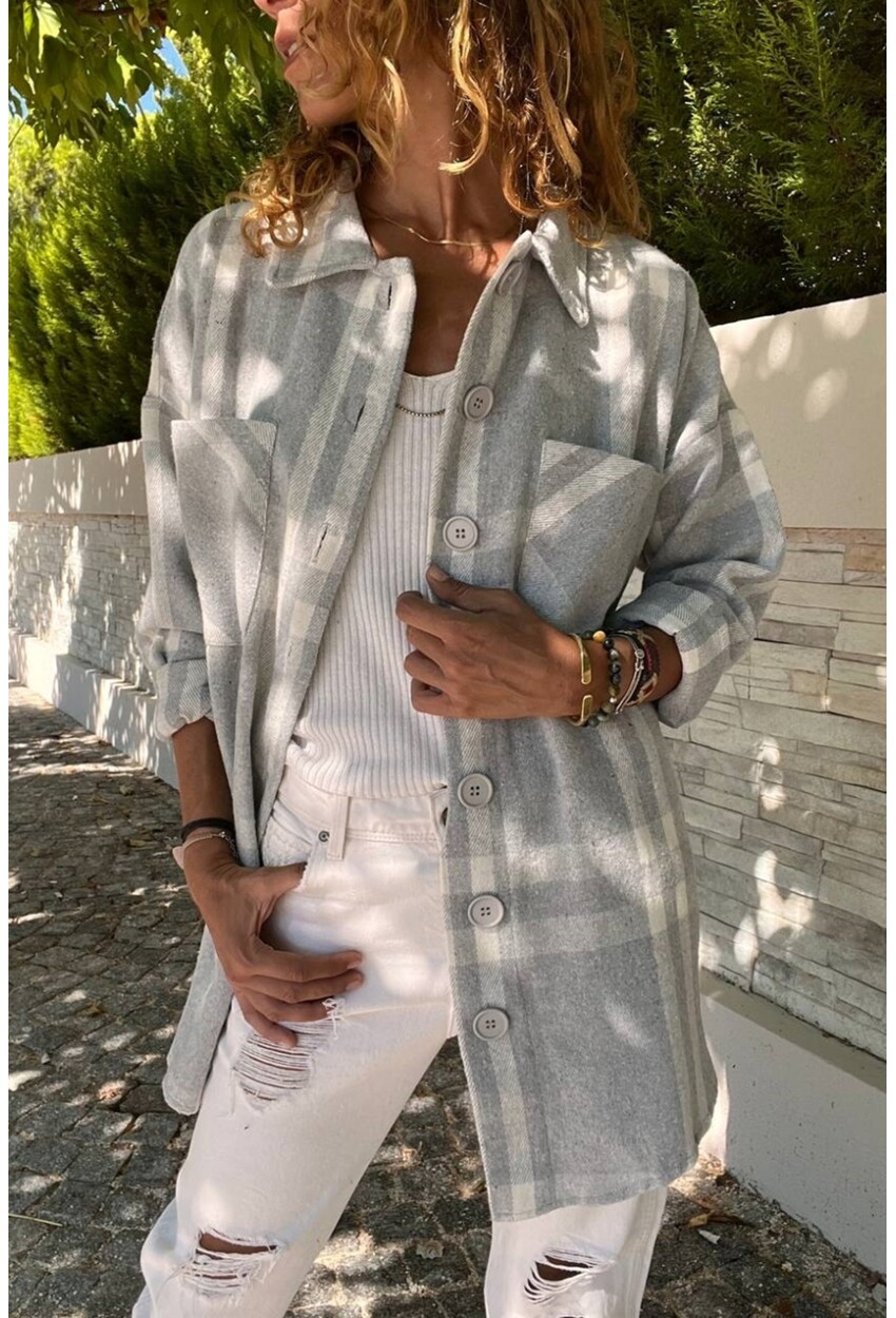Kadın Gri Oversize Yumuşak Dokulu Kaşe Cepli Gömlek BST700-3539