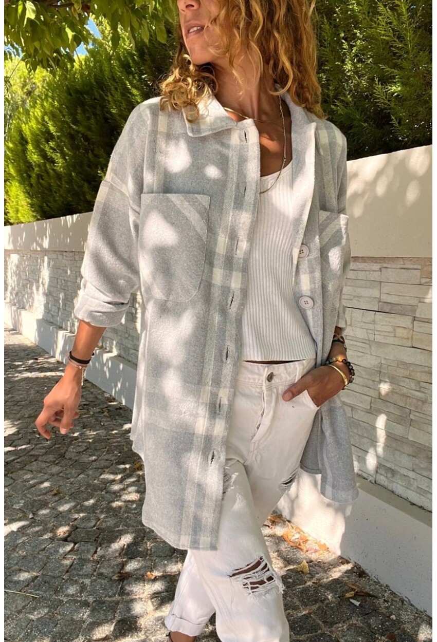Kadın Gri Oversize Yumuşak Dokulu Kaşe Cepli Gömlek BST700-3539