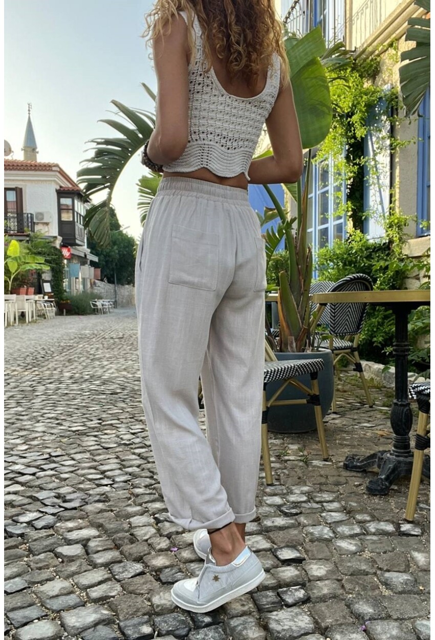 Kadın Gri Özel Dokulu Beli Lastikli Cepli Salaş Pantolon BST3638