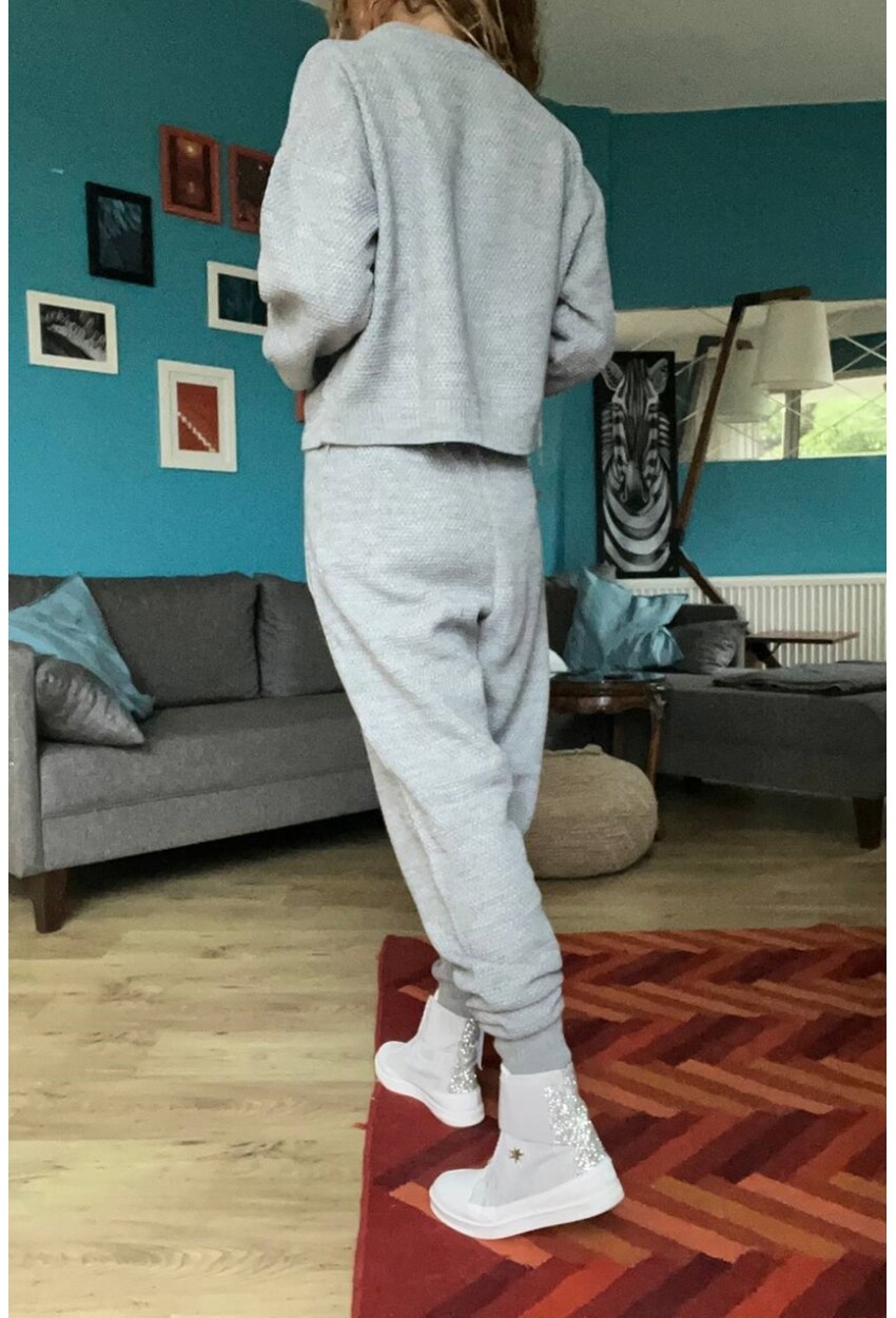 Kadın Gri Özel Dokulu Beli Lastikli Cepli Triko Eşofman Takım 1St20