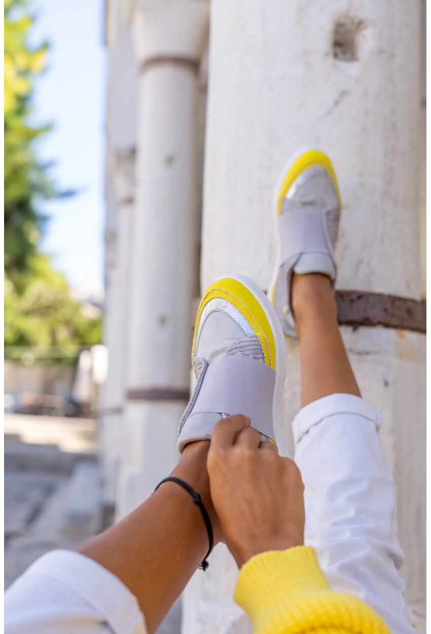 Guki35 Kadın Gri-Sarı Günlük Rahat Vegan Practical Sneaker Gk-Spica056