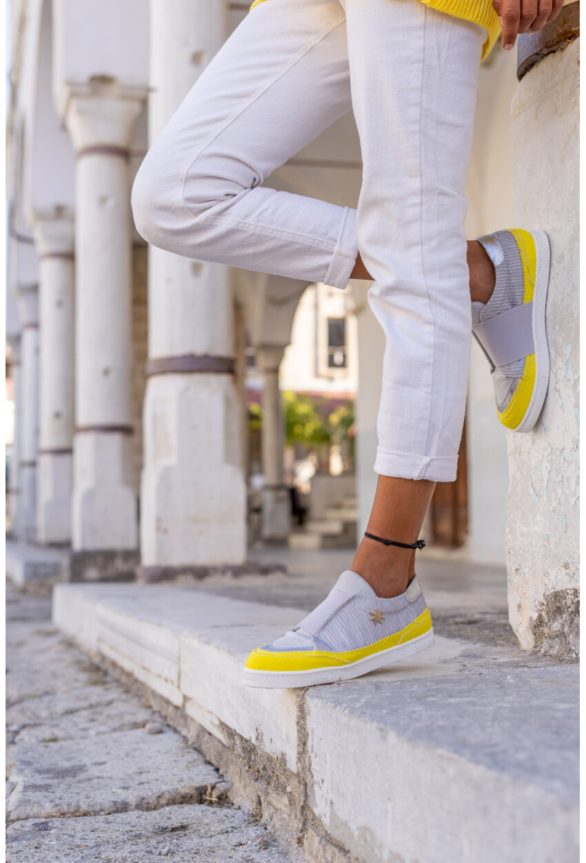 Guki35 Kadın Gri-Sarı Günlük Rahat Vegan Practical Sneaker Gk-Spica056