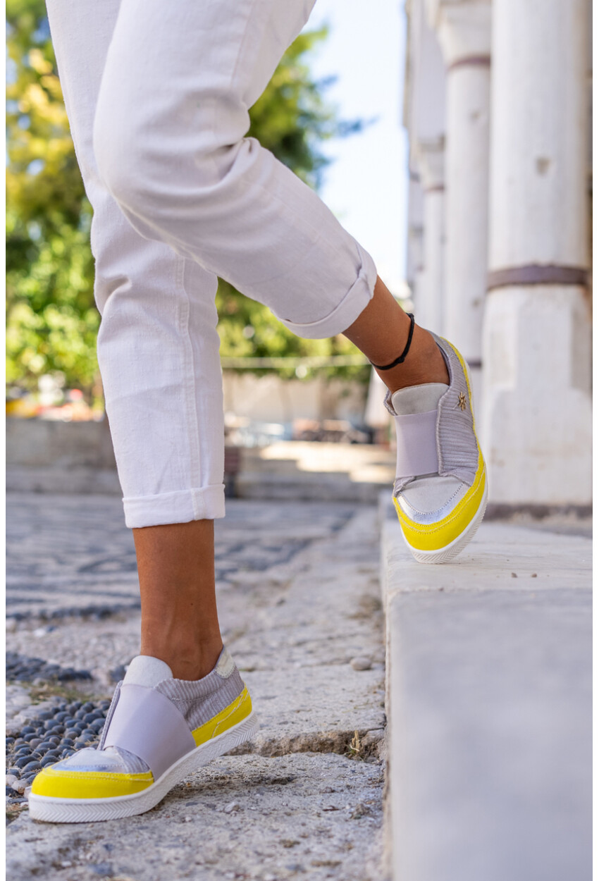 Guki35 Kadın Gri-Sarı Günlük Rahat Vegan Practical Sneaker Gk-Spica056
