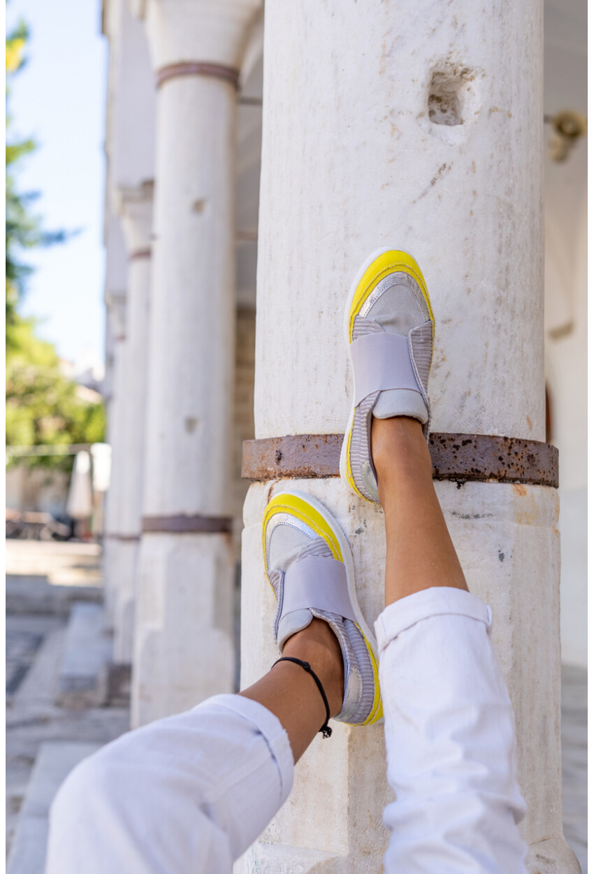 Guki35 Kadın Gri-Sarı Günlük Rahat Vegan Practical Sneaker Gk-Spica056