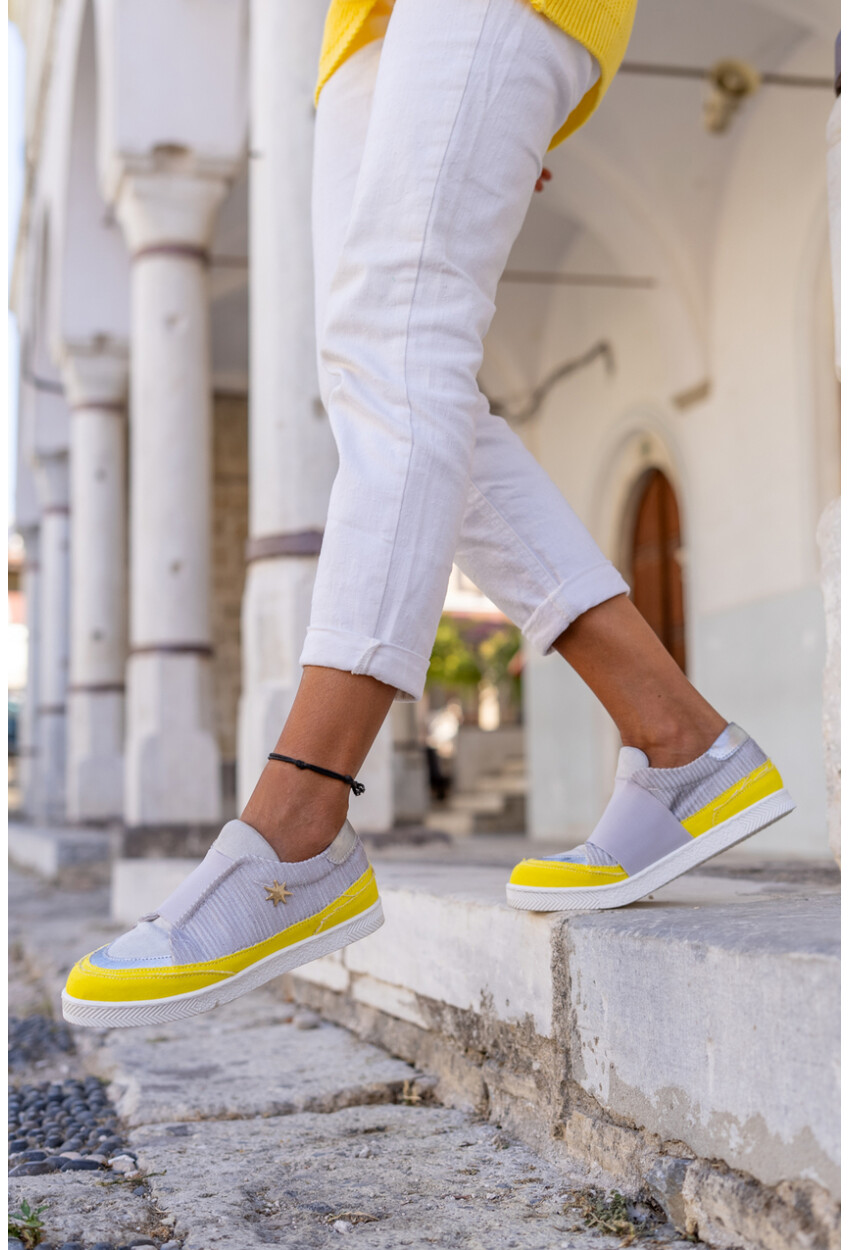 Guki35 Kadın Gri-Sarı Günlük Rahat Vegan Practical Sneaker Gk-Spica056
