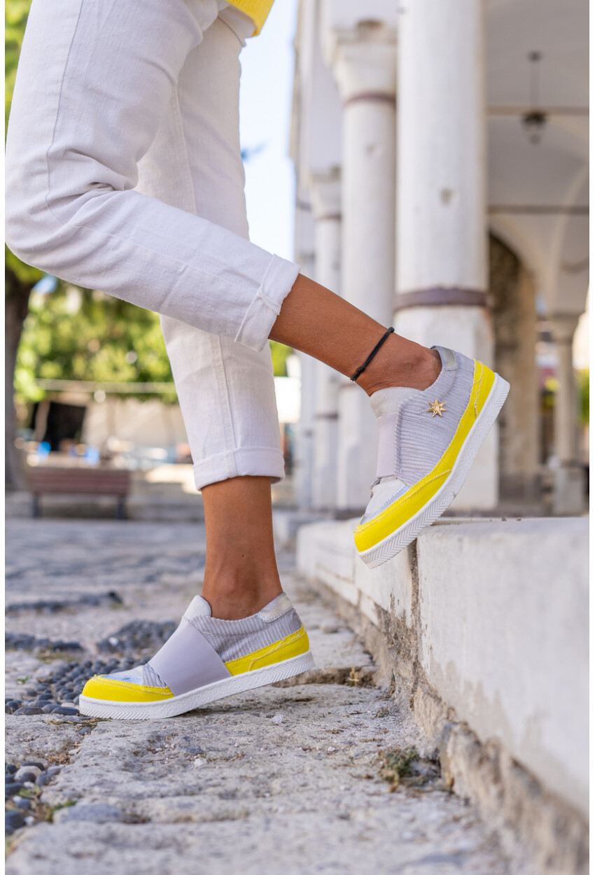 Guki35 Kadın Gri-Sarı Günlük Rahat Vegan Practical Sneaker Gk-Spica056