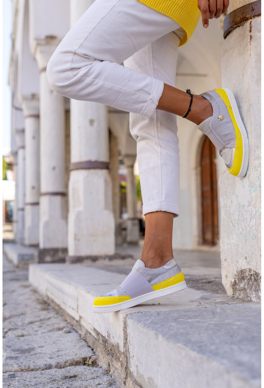 Guki35 Kadın Gri-Sarı Günlük Rahat Vegan Practical Sneaker Gk-Spica056