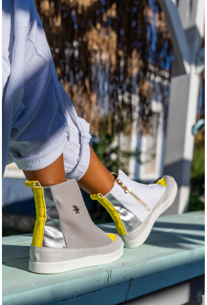 Guki35 Kadın Gri-Sarı Günlük Rahat Vegan Tune High Top Sneaker Gk-Earendel064