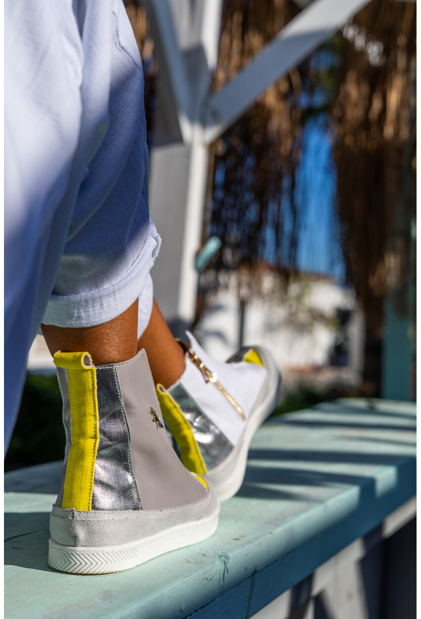 Guki35 Kadın Gri-Sarı Günlük Rahat Vegan Tune High Top Sneaker Gk-Earendel064
