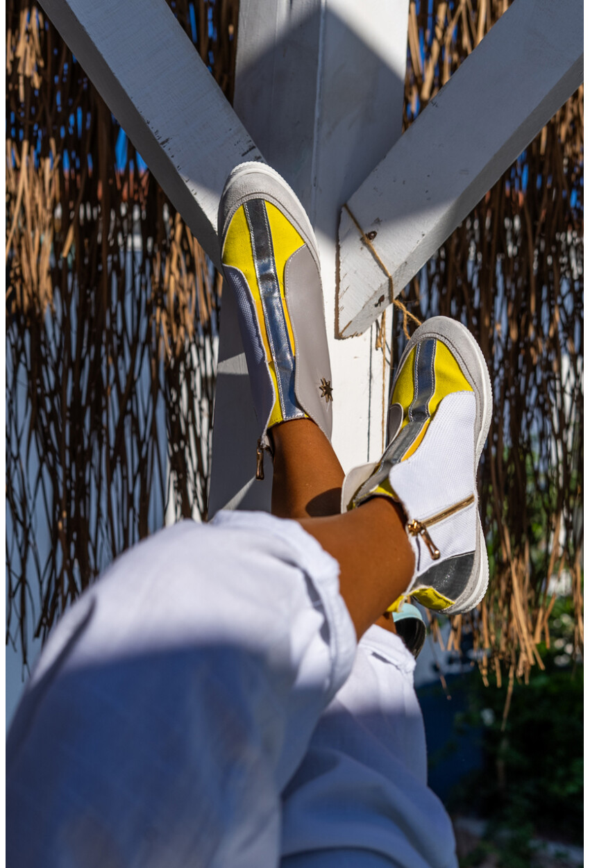 Guki35 Kadın Gri-Sarı Günlük Rahat Vegan Tune High Top Sneaker Gk-Earendel064