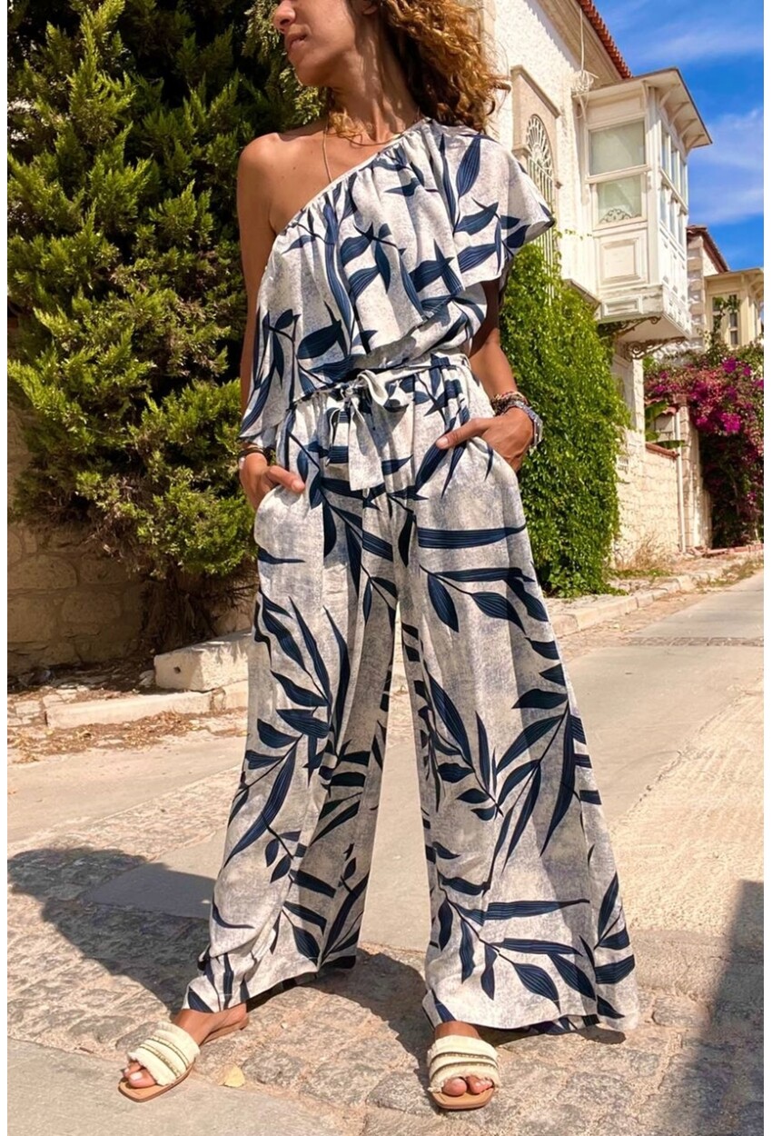 Kadın Gri Tek Omuzlu Fırfırlı Cepli Beli Lastikli Kuşaklı Bol Paça Tulum BST3648