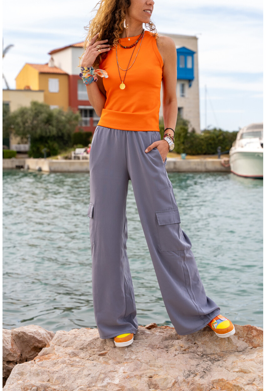 Kadın Gri Yanı Cepli Beli Lastikli Bol Paça Salaş Pantolon BST700-3600