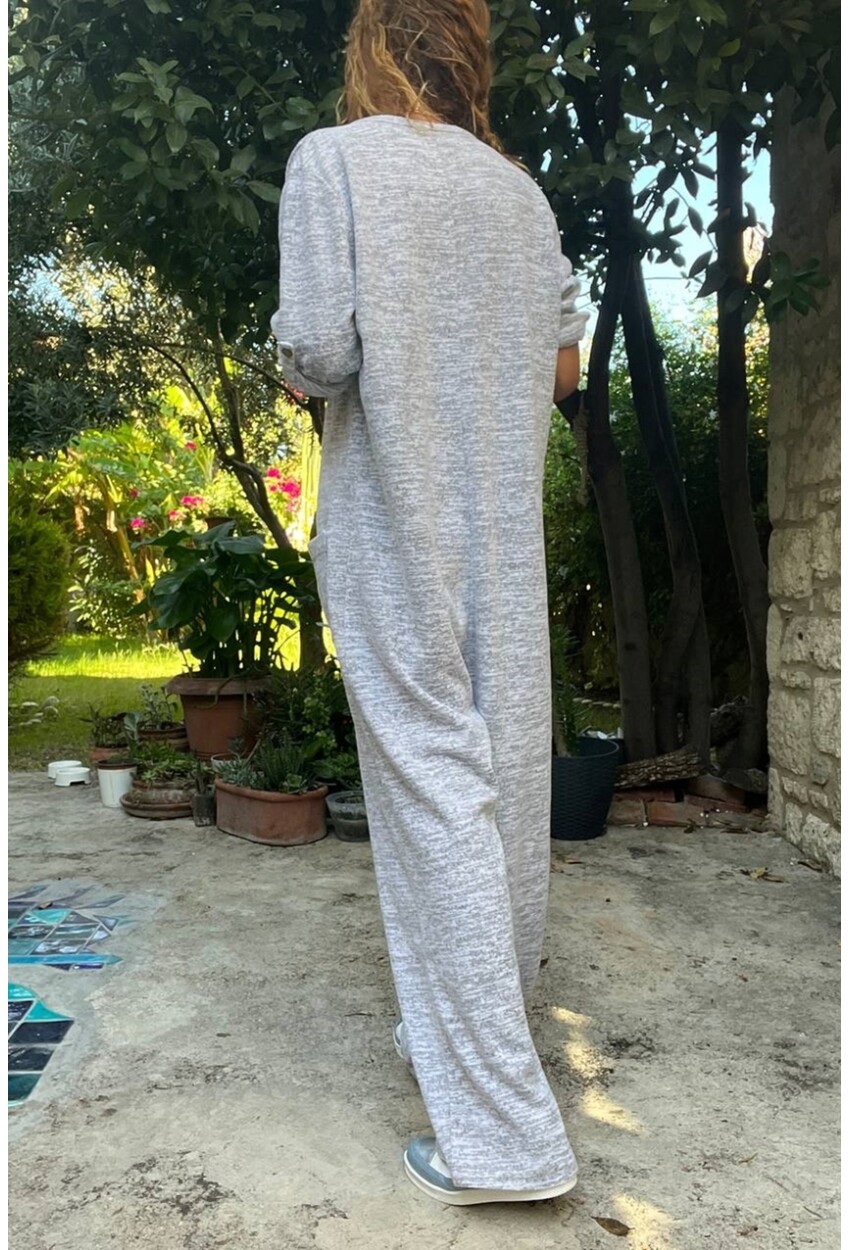 Kadın Gri Yumuşak Dokulu Yarım Patlı Cepli Salaş Tulum Cck23006