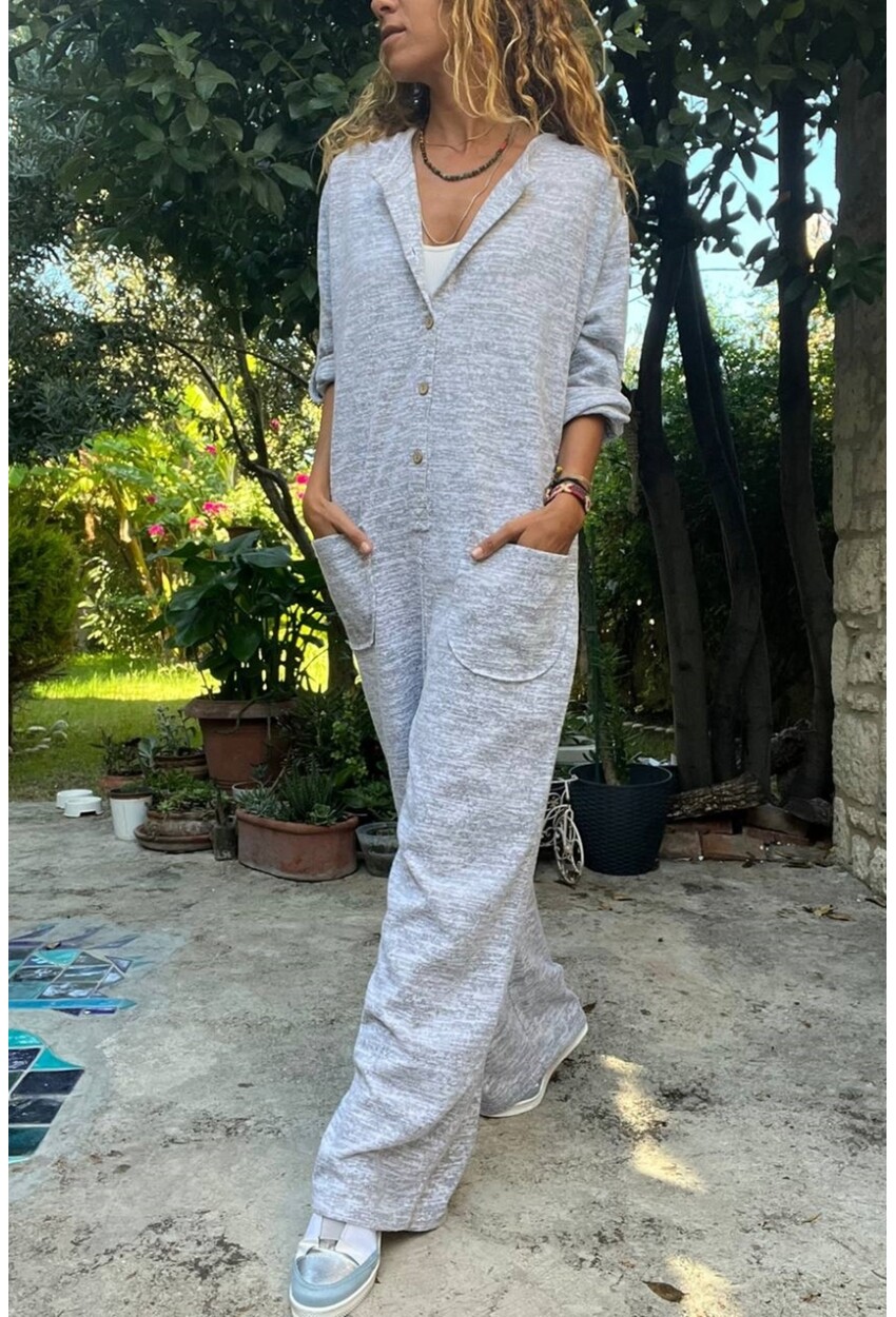 Kadın Gri Yumuşak Dokulu Yarım Patlı Cepli Salaş Tulum Cck23006
