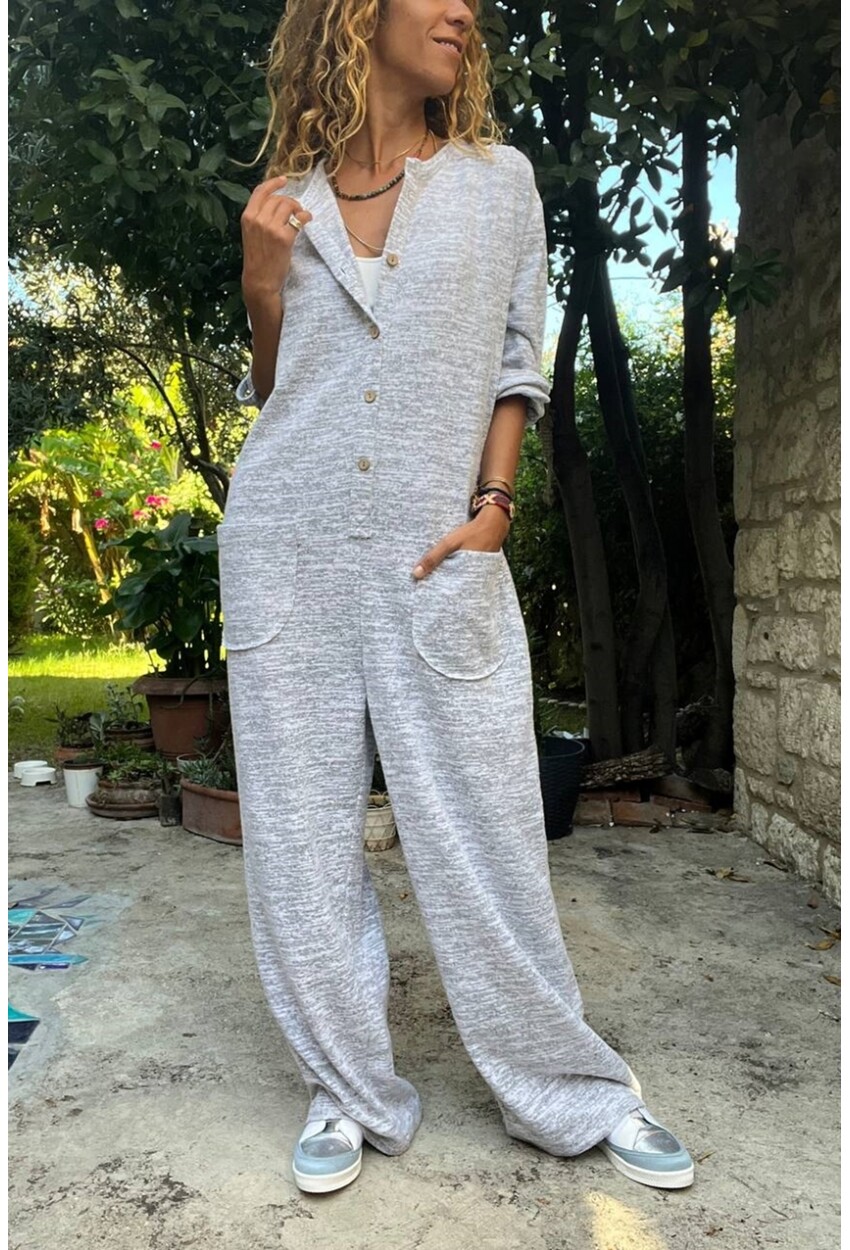 Kadın Gri Yumuşak Dokulu Yarım Patlı Cepli Salaş Tulum Cck23006