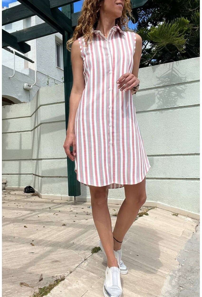 Gül Kurusu Keten Görünümlü Kendinden Desenli Kolsuz Gömlek Elbise BST700-3583