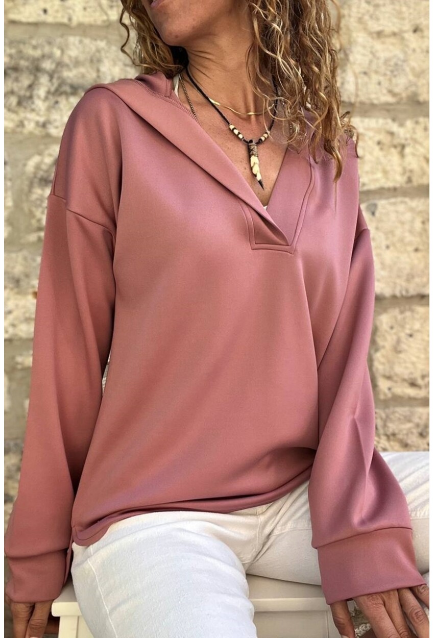 Kadın Gül Kurusu V Yaka Kapüşonlu Arkası Uzun Scuba Salaş Sweatshirt BST700-3506
