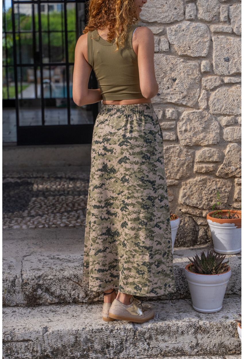 Kadın Haki-Bej Kendinden Desenli Gabardin Çift Cep Beli Lastikli Uzun Etek BST700-3553