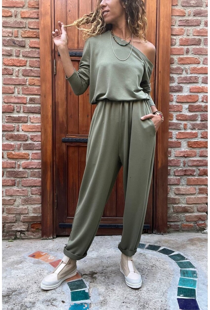 Kadın Haki Beli Bağlamalı Paçası Lastikli Cepli Omuz Dekolteli Eşofman Tulum Gk-Cckld351